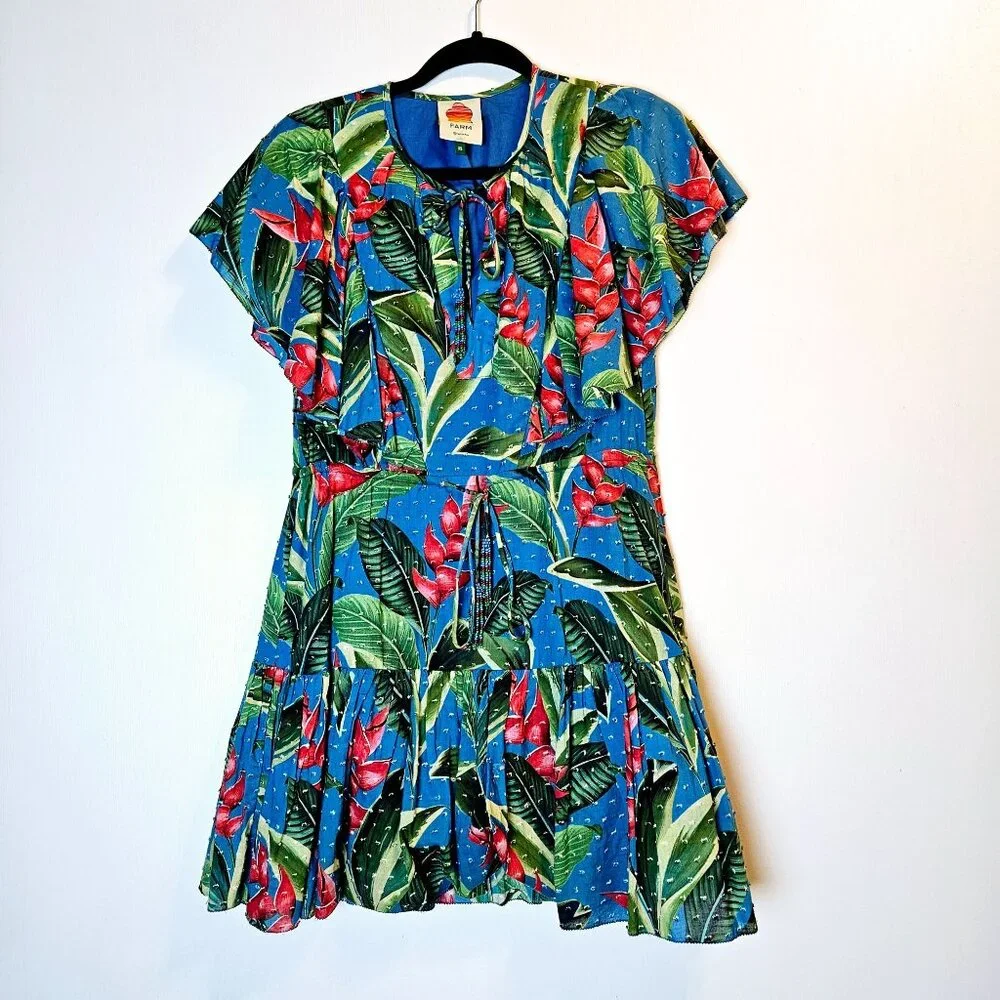 Farm Rio Dream Garden Floral Mini Lined Dress Swiss Dot Beaded Tassles, Sz XS - Picture 3 of 12